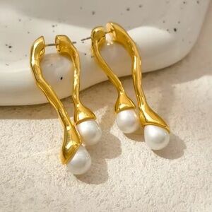 Front Back Earrings Gold Pearl Drippy Drop Perla STYLE AP17